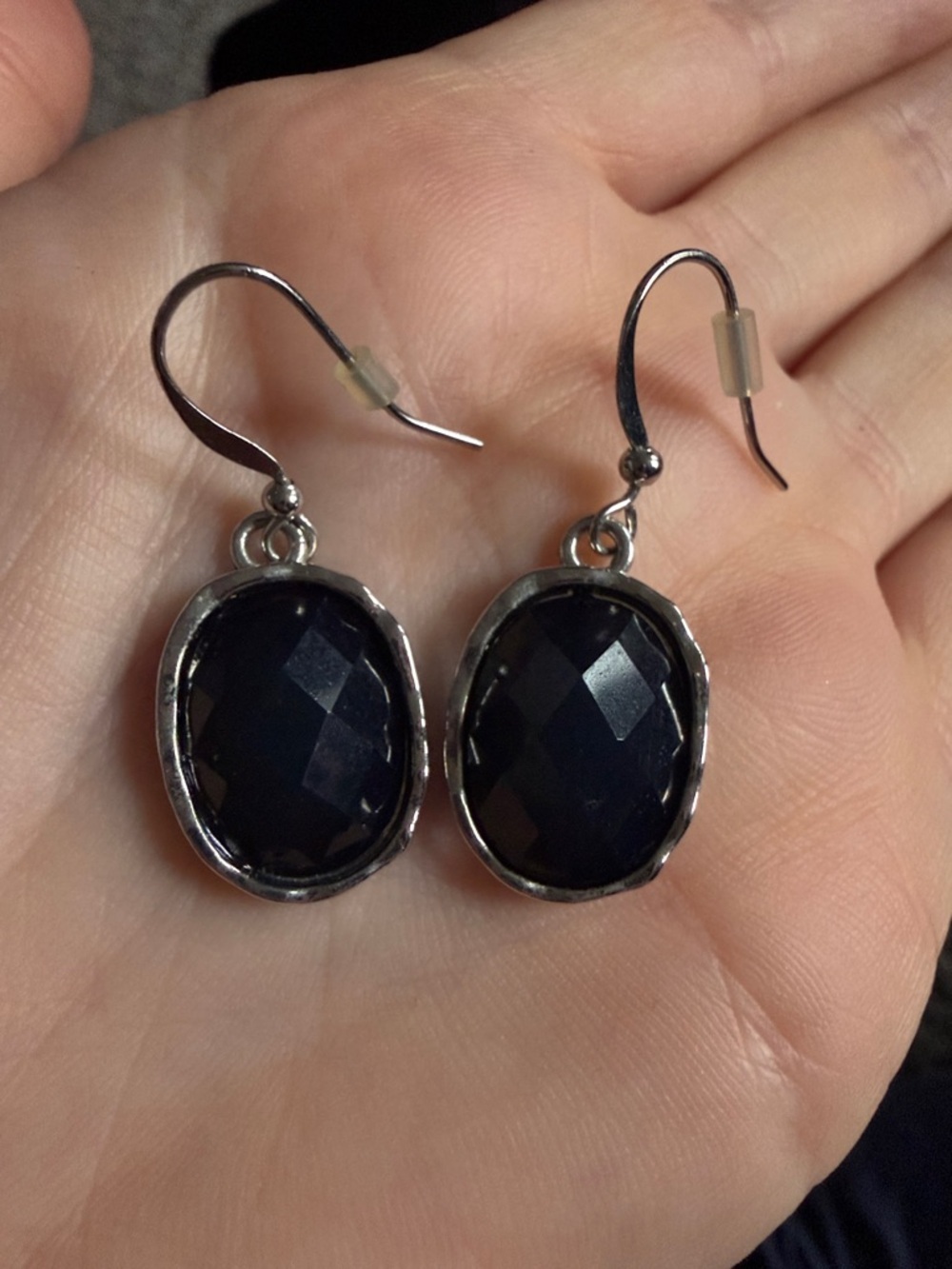 Silver Drop Earrings with Dark Navy Faceted Stones - Picture 2 of 7